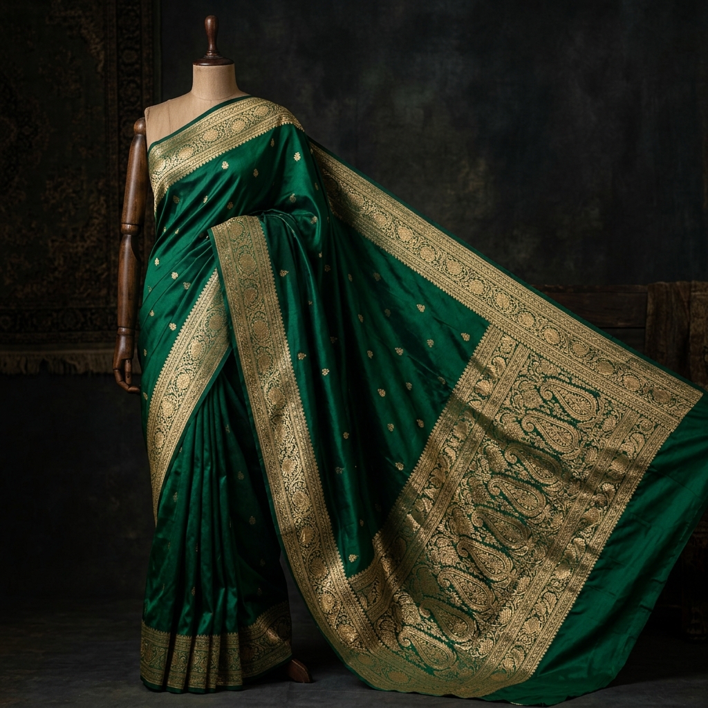 Draped emerald silk saree